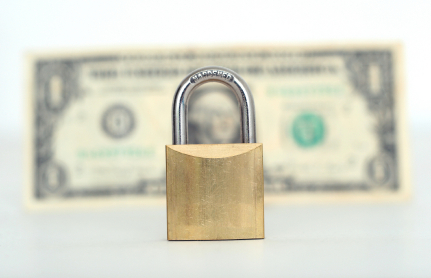 A padlock in front of a dollar bill